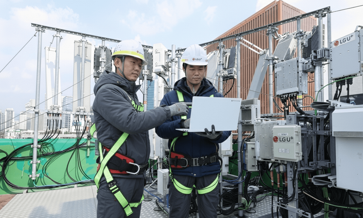 LG유플러스 임직원이 서울역 인근 네트워크 장비를 점검하고 있다.